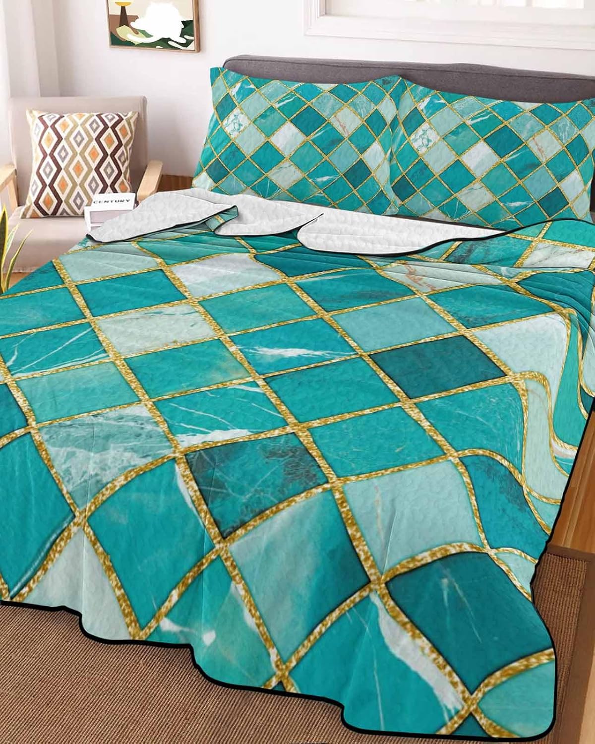 King Size Quilt Set, Turquoise Teal Marble Texture Lightweight Bedspread Coverlet Set Soft Microfiber Summer Quilt with 2 Pillow Shams, Golden Lattice Metal Lines 3 Piece Comforter Bedding Set