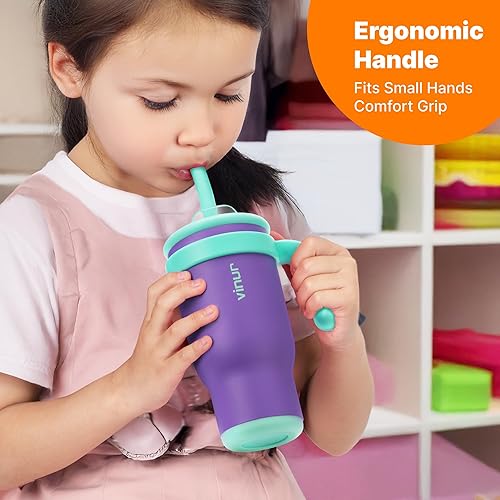 Miniatura 2 de VINUR Vaso aislado con asa de acero inoxidable de 17 onzas, doble pared, al vacío, vaso de viaje para agua con tapa y popote (morado, rosa, morado)