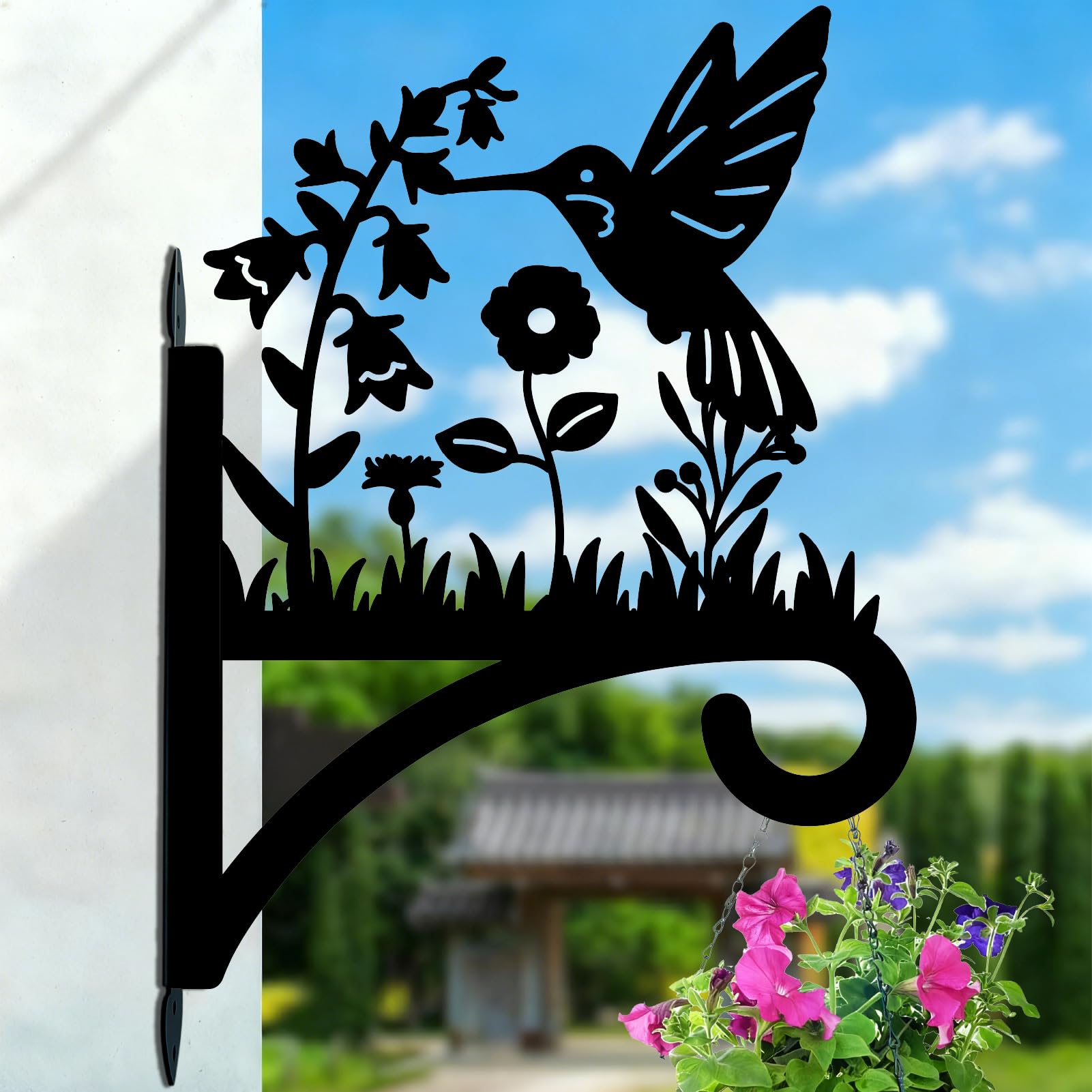 PRESSINART Hummingbird Plant Hanger Hooks Iron Plant Brackets 10.6 x 14.1 Inch Black Flowers Bird Silhouette Indoor Outdoor Decorative Basket Wall Mounted Hanging Bracket for Garden Wind Chime Lantern