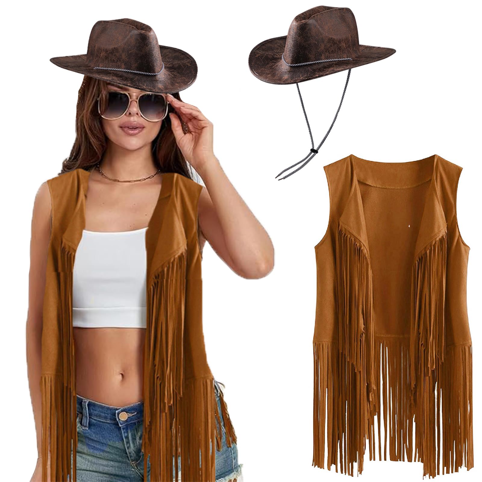 Adult Cowboy Hat Cowgirl Costume Outfit Set Women's Tassel Vest Women Disco Top Fringe Jacket Cardigan 60s 70s Fancy Dress Faux Suede Hippie Costume Clothes Open Front Sleeveless Jacket for Women Men