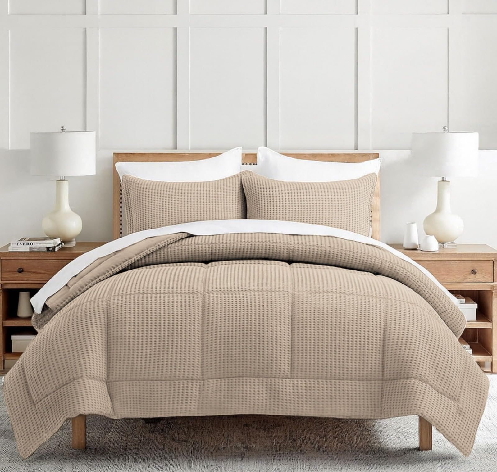 SANMARINO Luxury Waffle Weave Comforter Set – Ultra-Soft 3-Piece Bedding Set with Pillow Covers – Breathable, All-Season Bed Set – Beige (90x90 Inches)-image-13