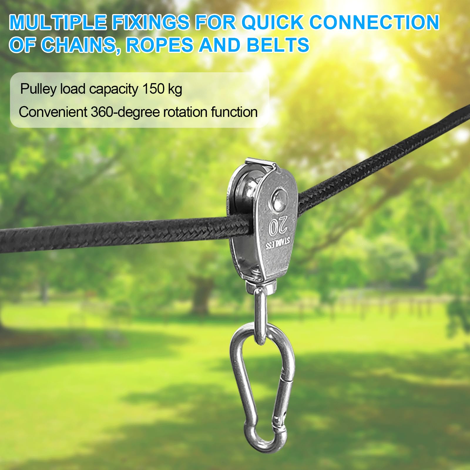 Jeu Poulie de Levage M20, Acier Inoxydable, Rotation à 360 Degrés Poulie, Capacité de Charge 150 KG Poulie Double, Adapté aux Bateaux, Auvents, Portes de Garage, Cordes à Linge, PêChe (argent)