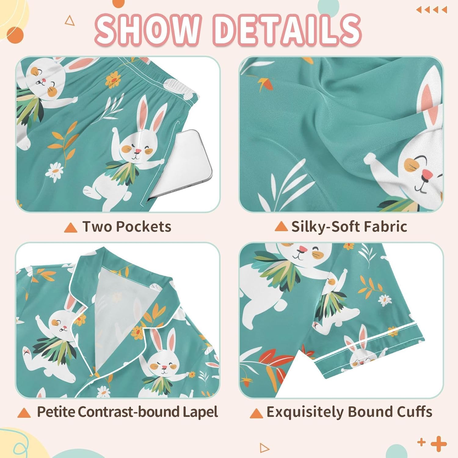 senya Rabbit Dancing Grass Satin Summer Pajama Sets Silk Short Sleeve Button Down Sleepwear