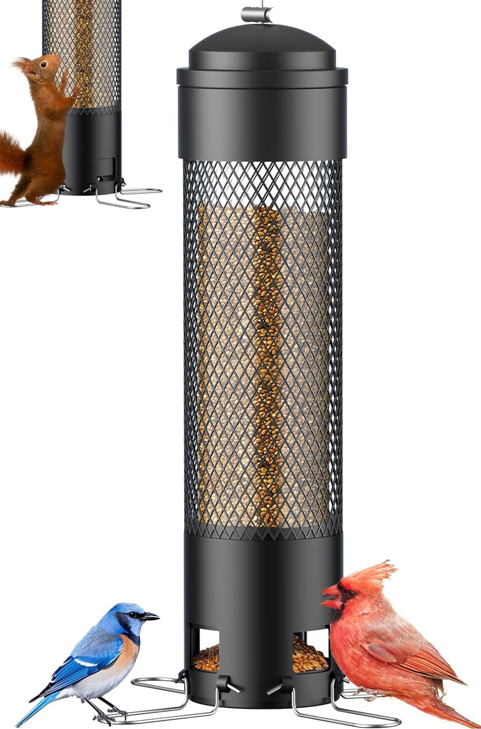 LCSEVEN Bird Feeders for Outdoors Squirrel Proof with Weight-Activated Perches, Hanging Bird Feeder for Outside, Metal Feeder for Wild Cardinal, Finch, Blue Jay, Chickadee, 3LB Seed Capacity, Black