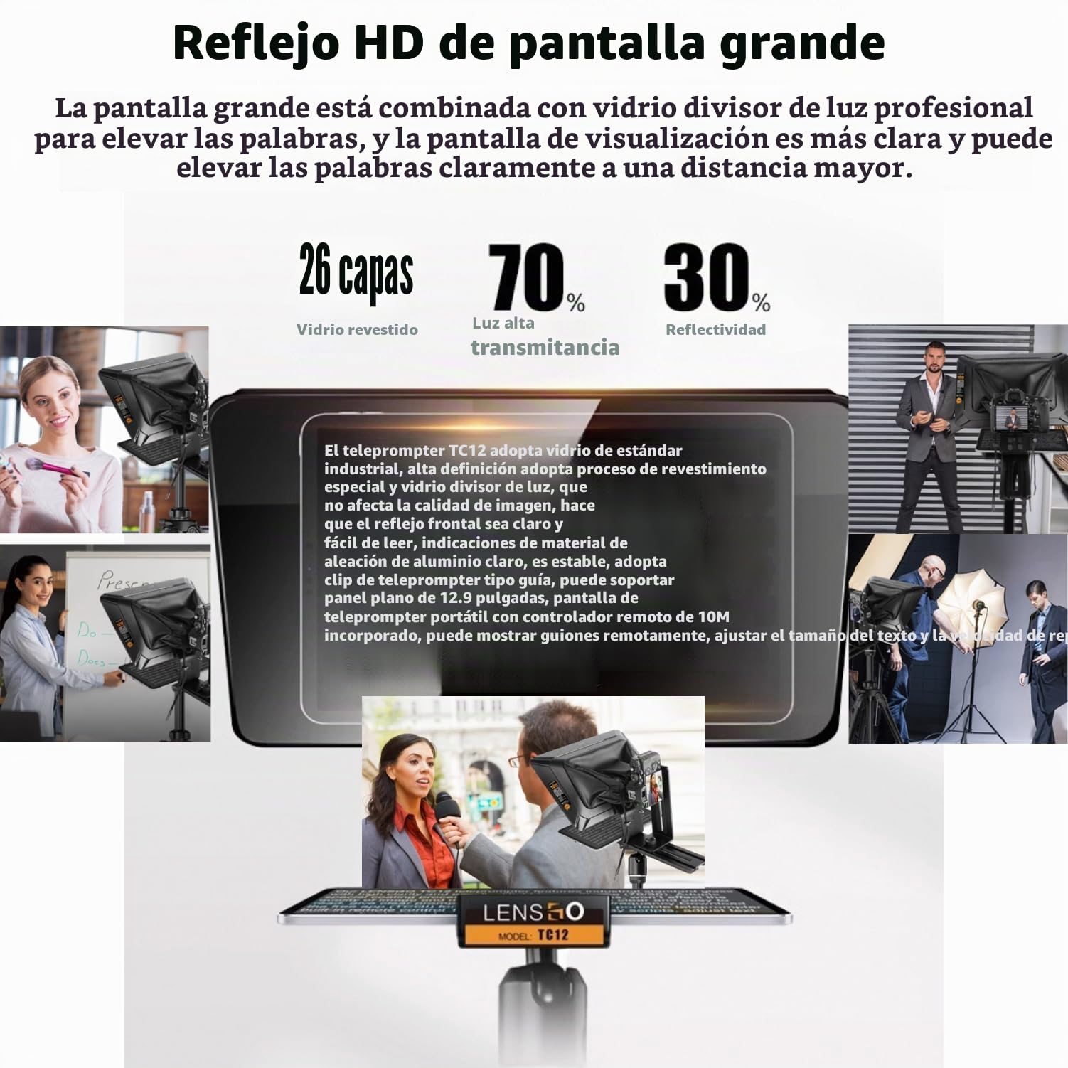 LENSGO TC12 Teleprompter para cámara DSLR/sin Espejo y Tablet de hasta 12,9 Pulgadas. Teleprompter Profesional para grabación de vídeo, vlogging, transmisión en Vivo.