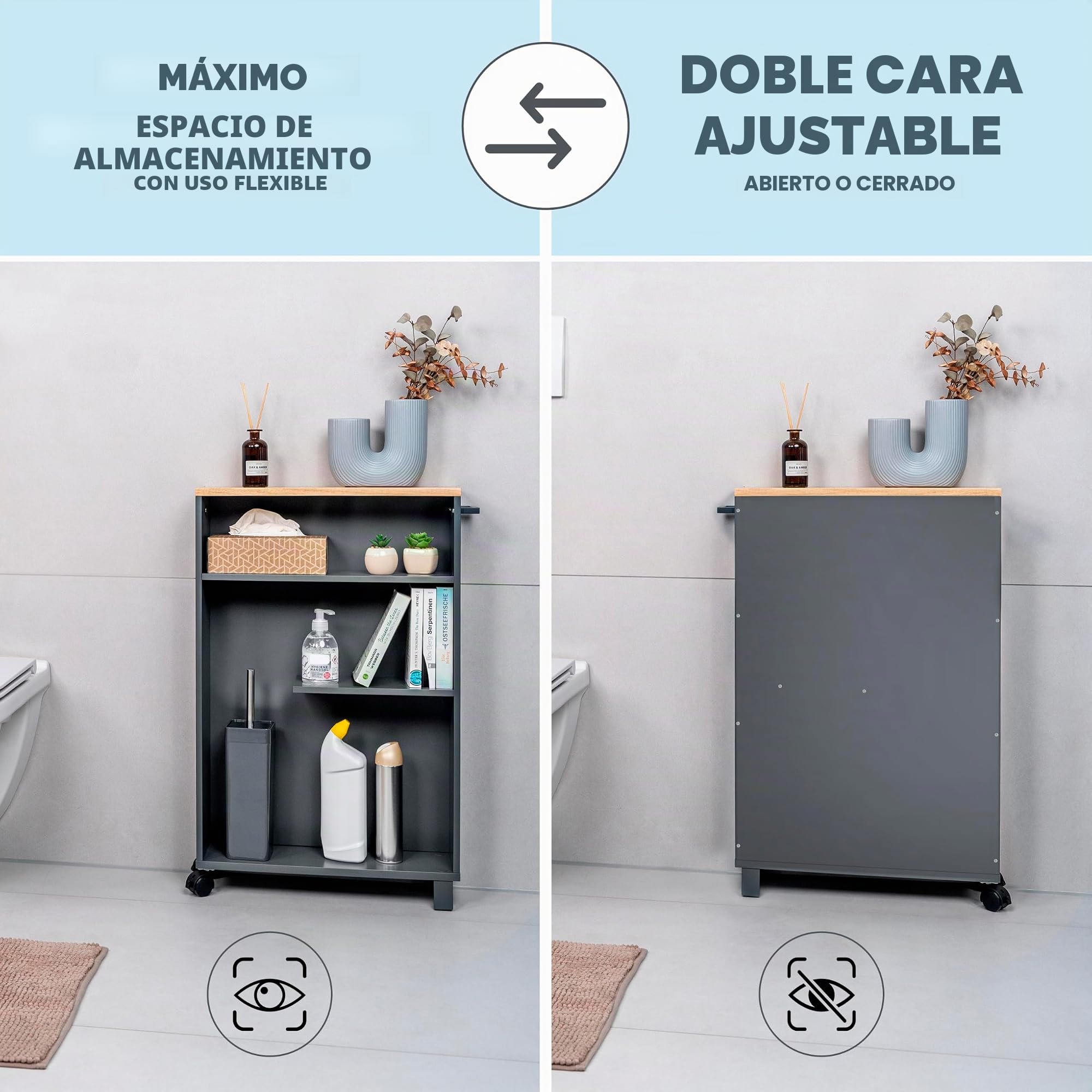 eluno Carrito de baño con Ruedas para Cocina, Organizador de baño con 3 Niveles, Madera (Madera-Gris)