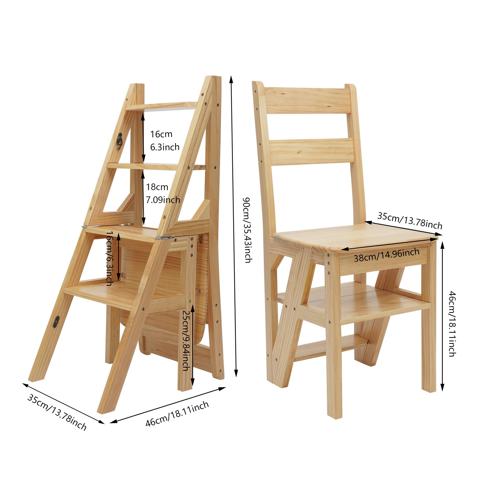 Taburete plegable de madera, 2 en 1, con cierres seguros, guante de protección, silla de escalera multifuncional para dormitorio, oficina, apartamento, cocina