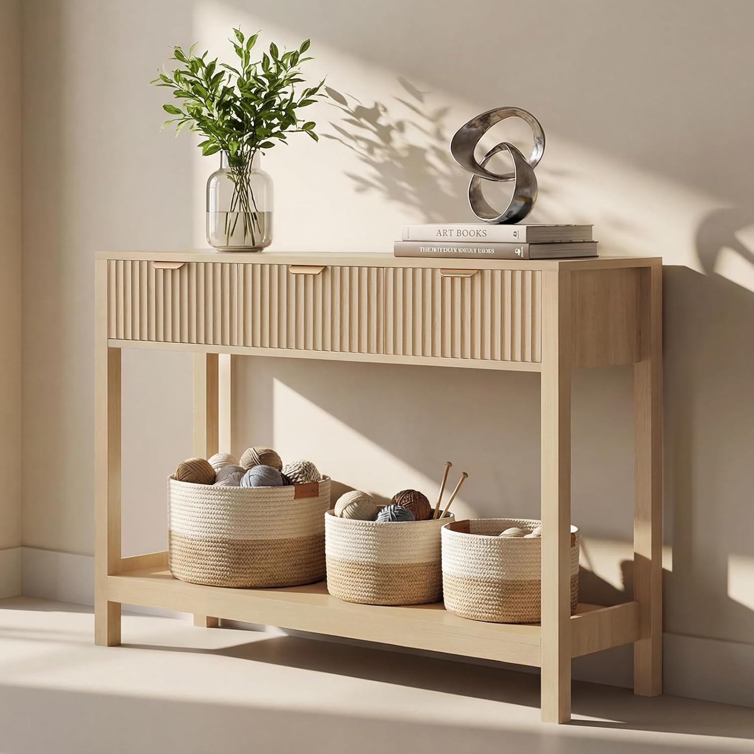 Nasonet Fluted Console Table, Wooden Sofa Table with Storage and Drawers, Farmhouse Behind Couch Table Entryway Table for Entrance, Hallway, Living Room, Oak