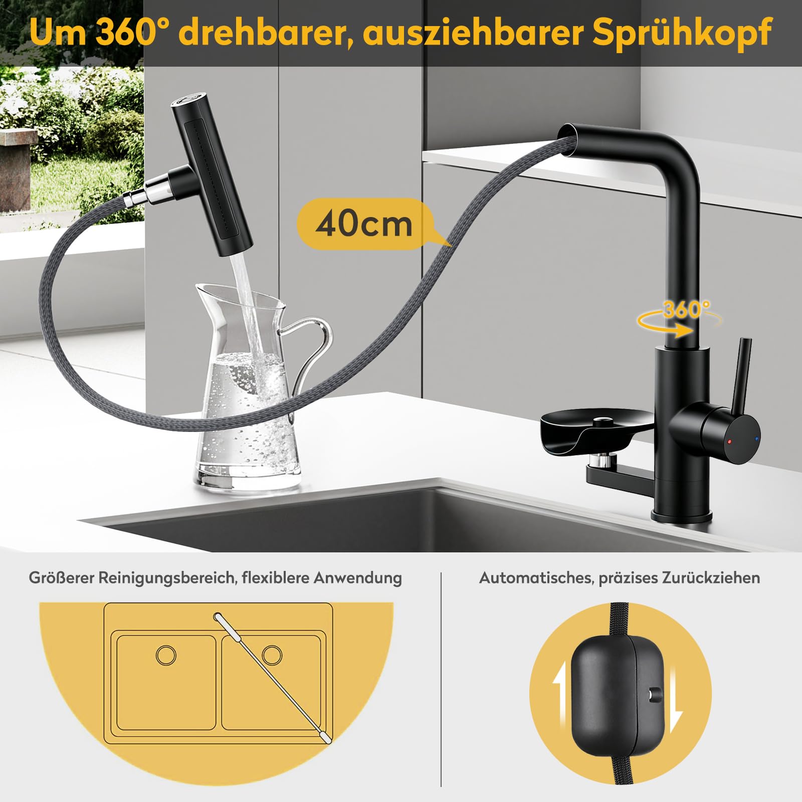 HANLIAN Schwarz Wasserfall Wasserhahn Küche Ausziehbar mit Glasspüler