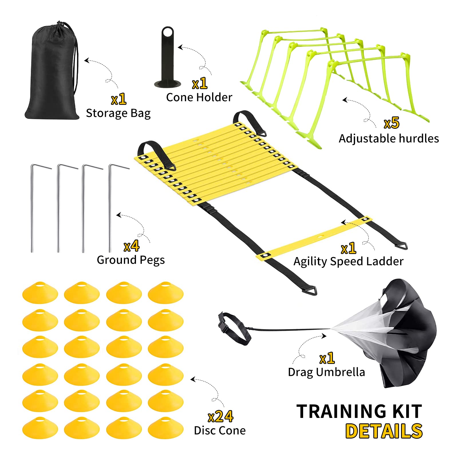 Agility Ladder Kit d'entraînement- Entrainement Foot Ensemble Agile, 1 Échelle de Rythme, 24Cones de Sport,1 Parachute à résistance,1 parachute de résistance,5 haies réglables,1 Sac de Transport