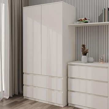 WHATSIZE ENTERPRISE Wardrobe 2 Doors, Drawers Durable Bedroom Furniture DIY | Bedroom Furniture with Shelf Hanging Rail Large Capacity Storage - Cashmere (beige) Doors Push-to-Open 4 Shelves 50x90x180 cm