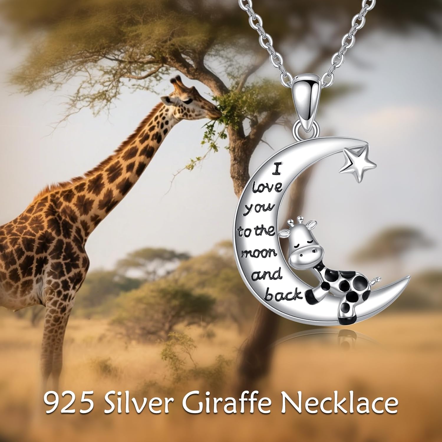 925 Sterling Silver Giraffe/Pig Moon Star Pendant Necklaces I Love You to The Moon and Back Cute Animal Jewelry Gifts for Women