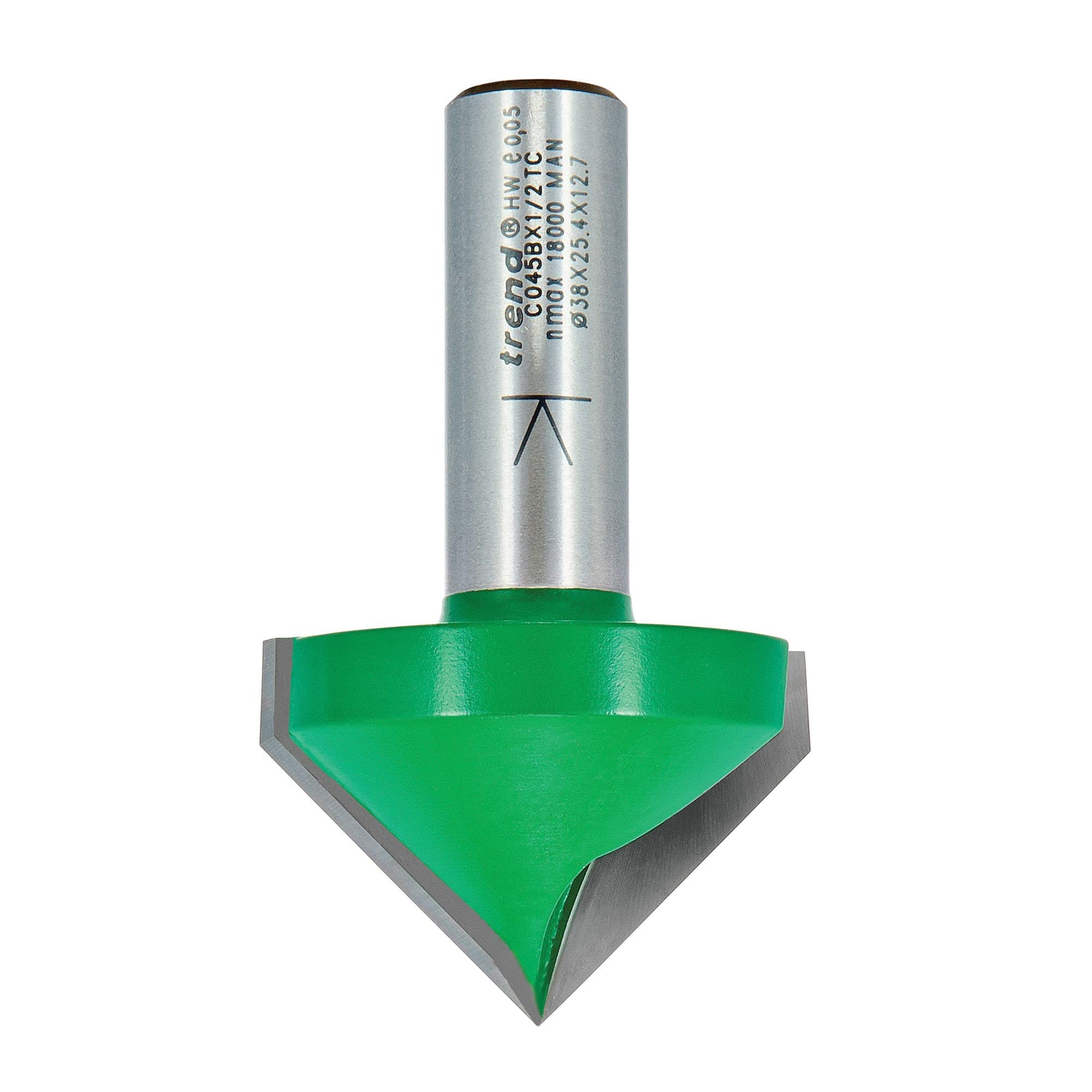 Trend CraftPro C045BX1/2TC Fasenfräser-Bit, 1/2-Zoll-Schaft, 38 mm Schnittdurchmesser und 45-Grad-V-Nut, Wolframkarbid-bestückt