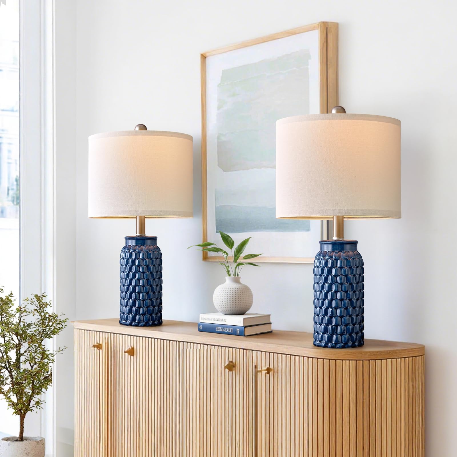 20.5" Small Bedside Lamps Set of 2, Blue Ceramic Nightstand Lamp