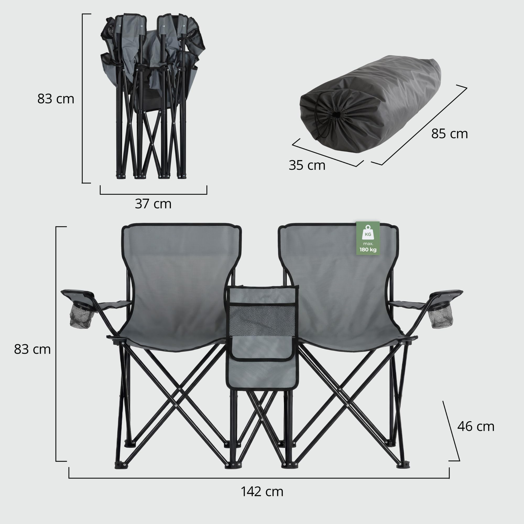Stagecaptain Silla de Camping Doble CS-1485, Bolsillo Exterior Espacioso | Silla de camping doble de tela Oxford 600D, Perfecta para camping, festivales, picnics y excursiones, Dimensiones, 5 cm, 0 kg