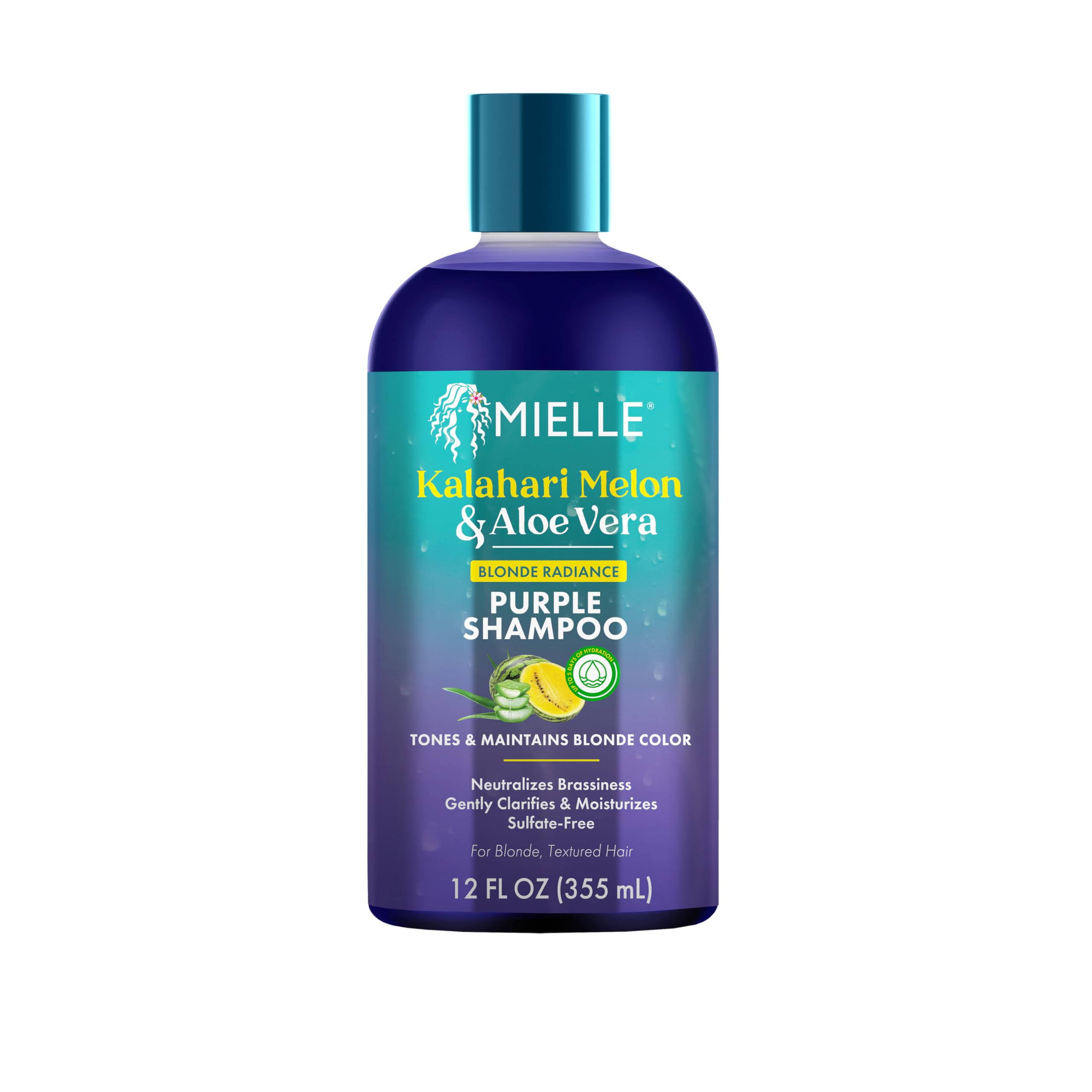 Mielle Kalahari Melon & Aloe Vera Purple Shampoo, Blonde Radiance Toning Shampoo for Brassy Hair, Sulfate-Free Moisturizing Cleanser for Blonde & Textured Hair, 12 Ounce