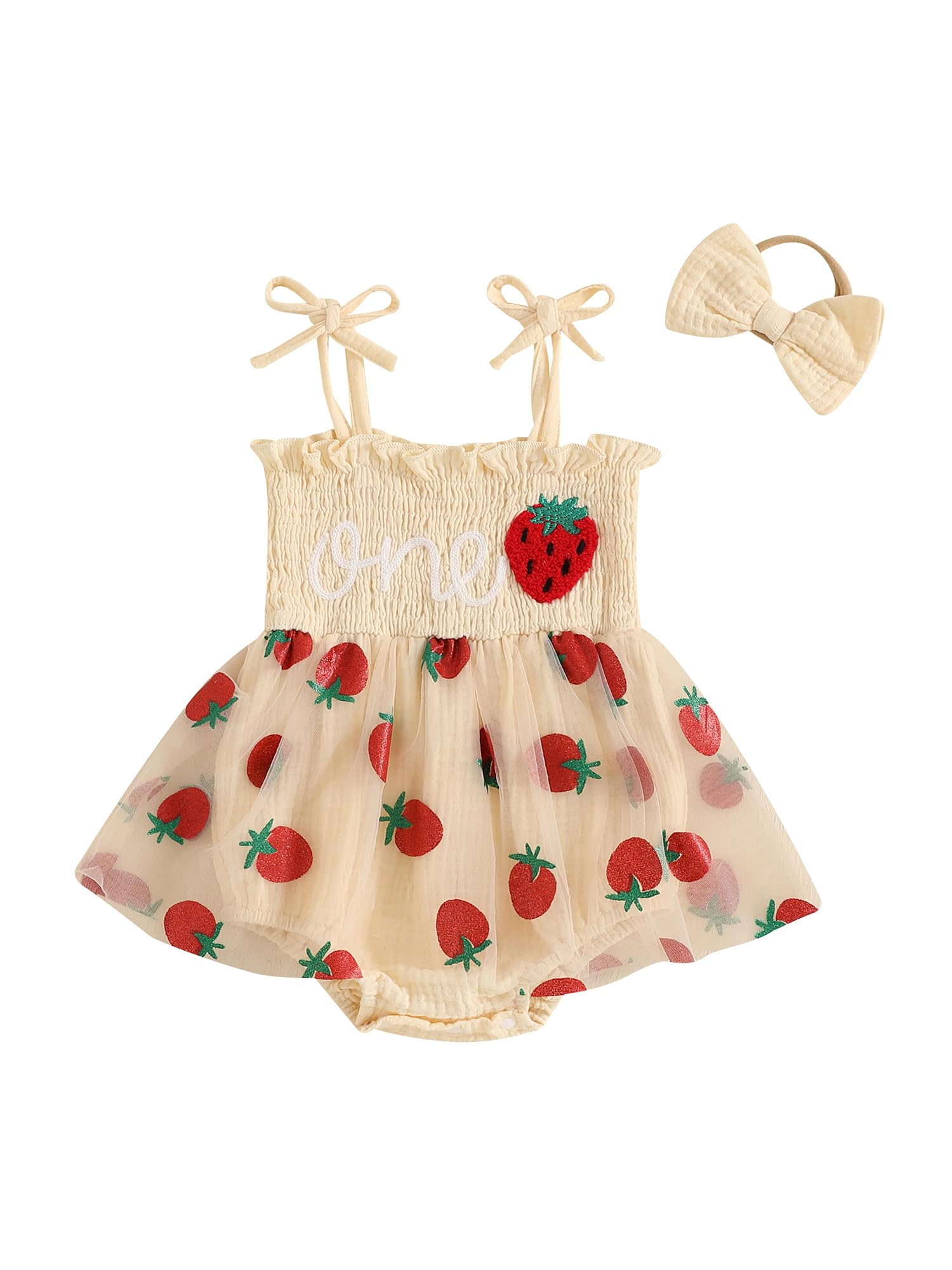 SANSIWU Baby Girl 1st Birthday Clothes Cute Strawberry One Birthday Outfit Boho Smocked Romper Tulle Dress with Headband (A-Beige, 6-12M)