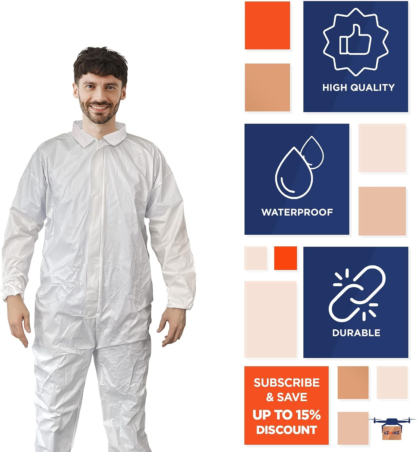 EZGOODZ White Disposable Coveralls Large Size 66” Long, Waterproof 60 Hazmat Suits with Breathable Microporous 60 GSM Polypropylene