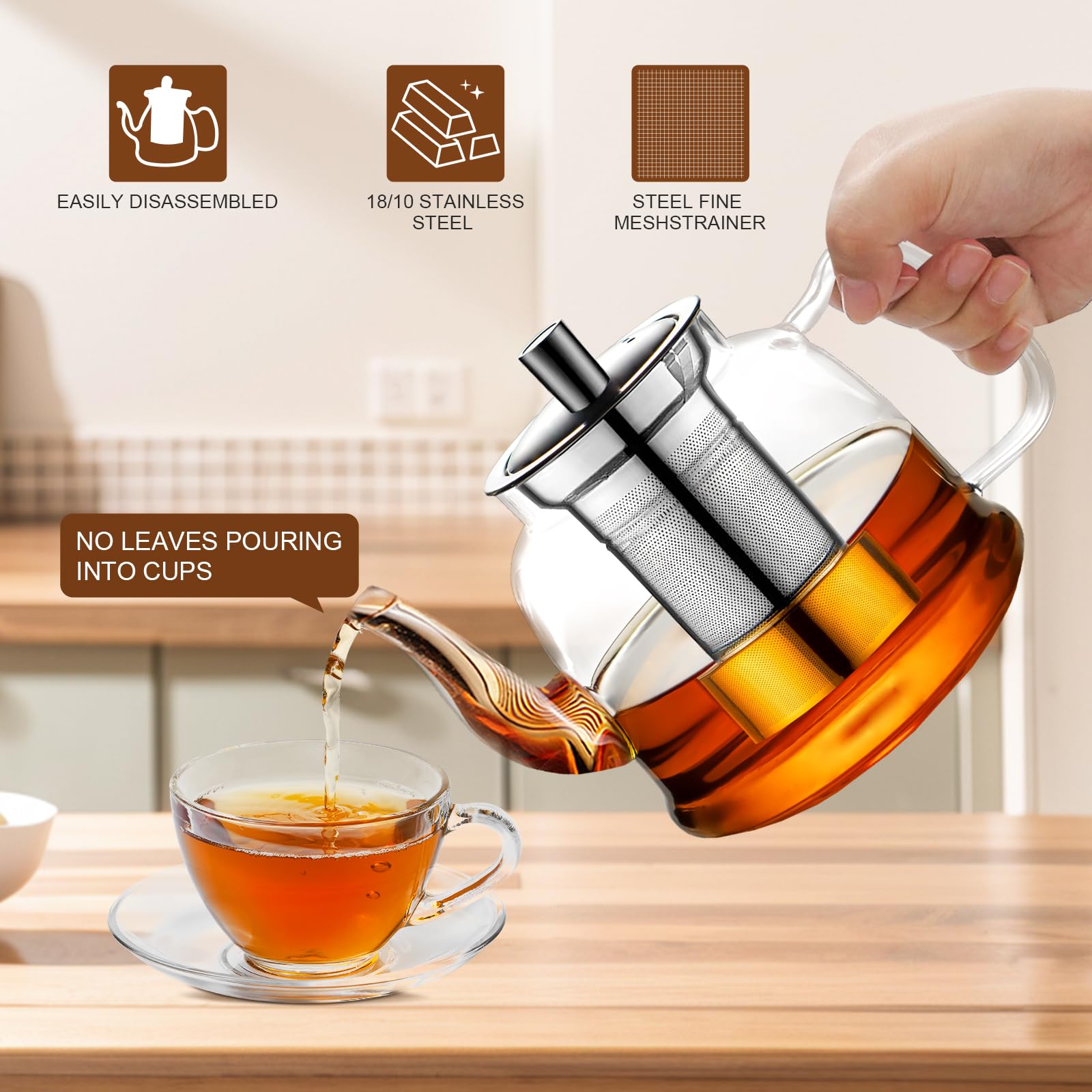 1600ML Teekanne Glas mit Siebeinsatz, CMXING Teekanne mit herausnehmbarem Teesieb aus Edelstahl, Borosilikatglas Teeservice für Schwarzen Tee, Grüner Tee