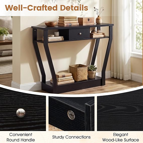 BestComfort 47'' Narrow Console Table with Drawer, 3-Tier Wooden Entryway Accent with Open Shelves, Multi-Purpose Sofa Table for Living Room Hallway - Easy Assembly & Storage (Black)