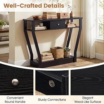 BestComfort 47'' Narrow Console Table with Drawer, 3-Tier Wooden Entryway Accent with Open Shelves, Multi-Purpose Sofa Table for Living Room Hallway - Easy Assembly & Storage (Black)
