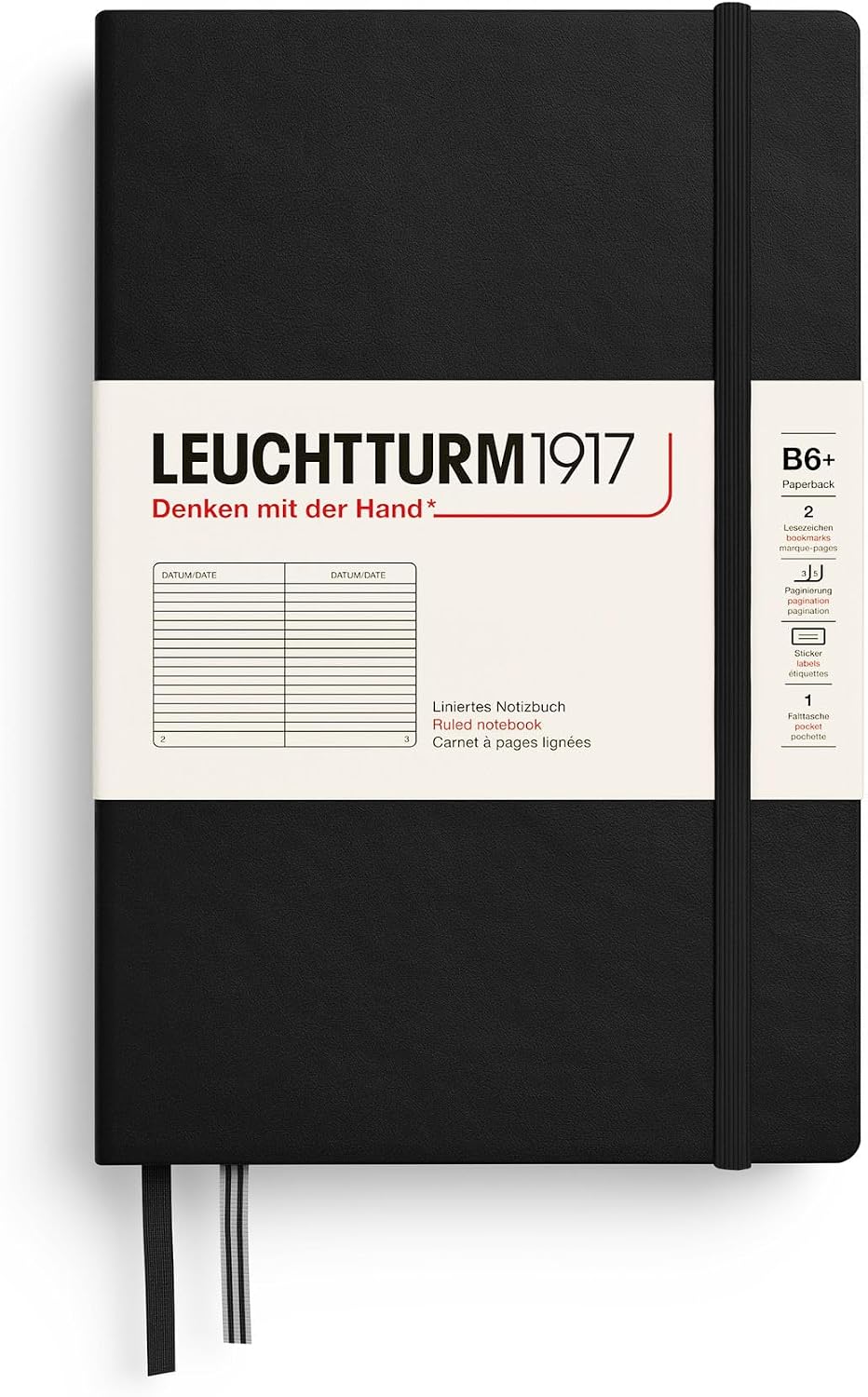 LEUCHTTURM1917 - Notebook Hardcover Paperback B6+ - 219 Numbered Pages for Writing and Journaling (Black, Ruled)