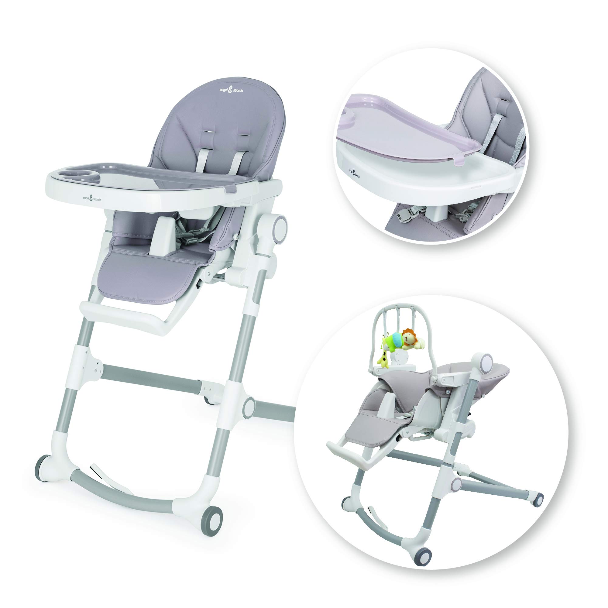 Engel & Storch Baby Hochstuhl HUGO Kinderhochstuhl Babystuhl mitwachsender Hochstuhl Verstellbar und Klappbar, Abnehmbares Tablett und inklusive Spielebogen - in der Farbe Grau