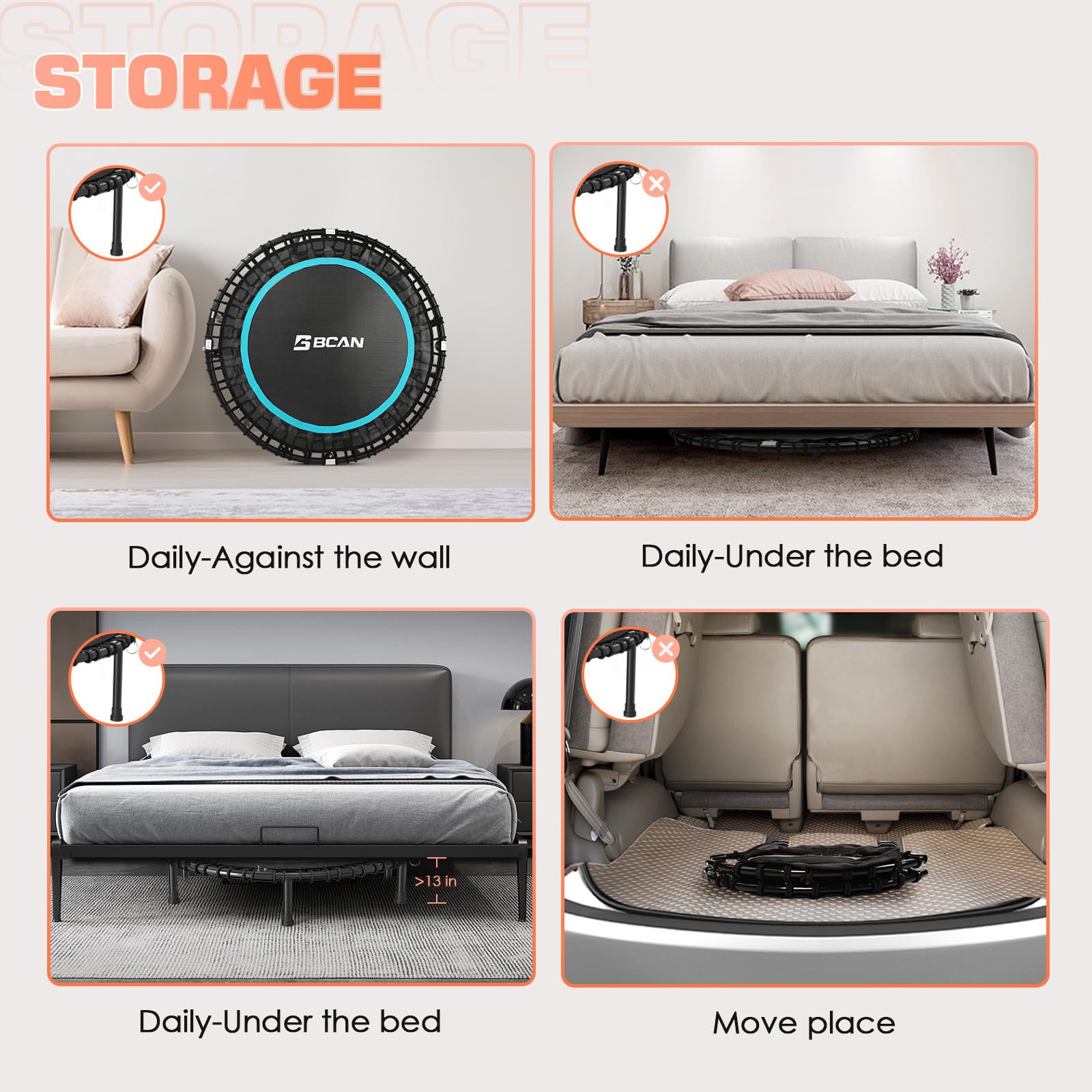 BCAN 450/550 LBS Foldable Mini Trampoline, 40"/48" Fitness Trampoline with Bungees, U Shape Adjustable Foam Handle, Stable & Quiet Exercise Rebounder for Adults Indoor/Outdoor Workout: 40IN 40-BLUE