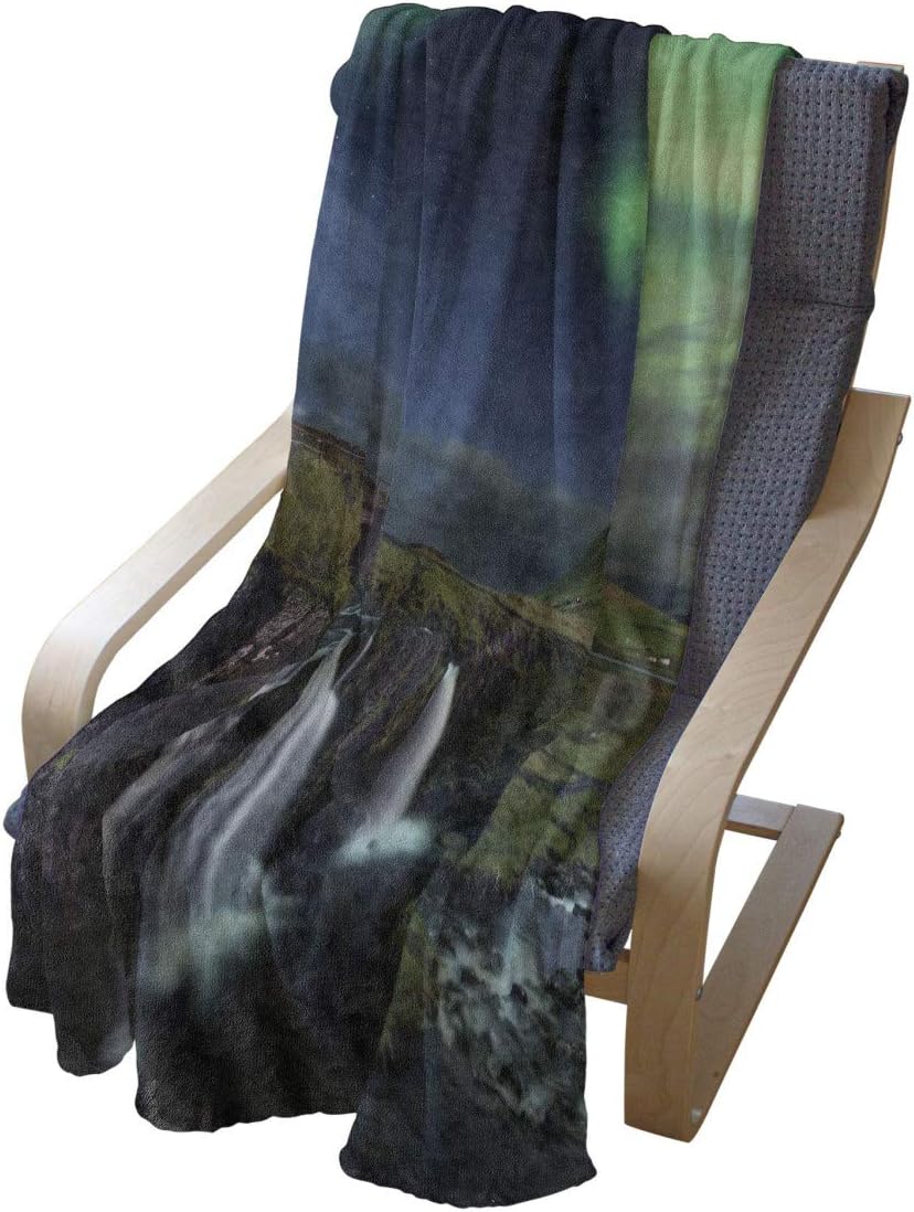 Lunarable Colorful Throw Blanket, Kirkjufellsfoss Waterfall of Iceland Under Aurora Borealis Nature Landscape Image, Flannel Fleece Accent Piece Soft Couch Cover for Adults, 60" x 80", Multicolor