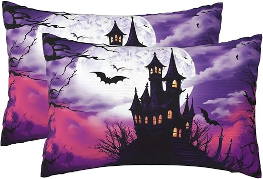 Pillow Cases Set of 2, Halloween Castle Purple Sky Queen Pillowcase for Hair and Skin, Super Soft Bed Pillow Protector Covers with Hidden Zipper, 20x30 Inches Pillow Covers for Sleeping Gift