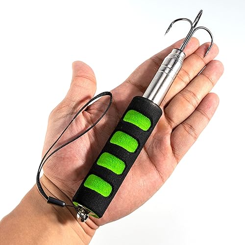 Miniatura 9 de Gaff de pesca telescópica, Lanza de pesca de hielo de triple gancho de acero inoxidable, poste telescópico de aleación de aluminio con gancho,