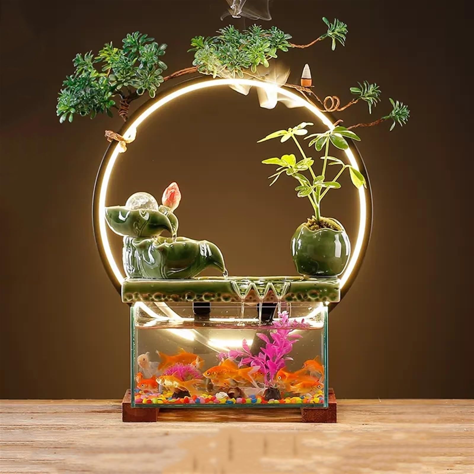 Acquario per Pesci Acquario in Vetro con Cerchio Luminoso Serbatoio for Pesci Che scorre Rettangolare in Trasparente Ornamenti for fontane da Tavolo for la casa