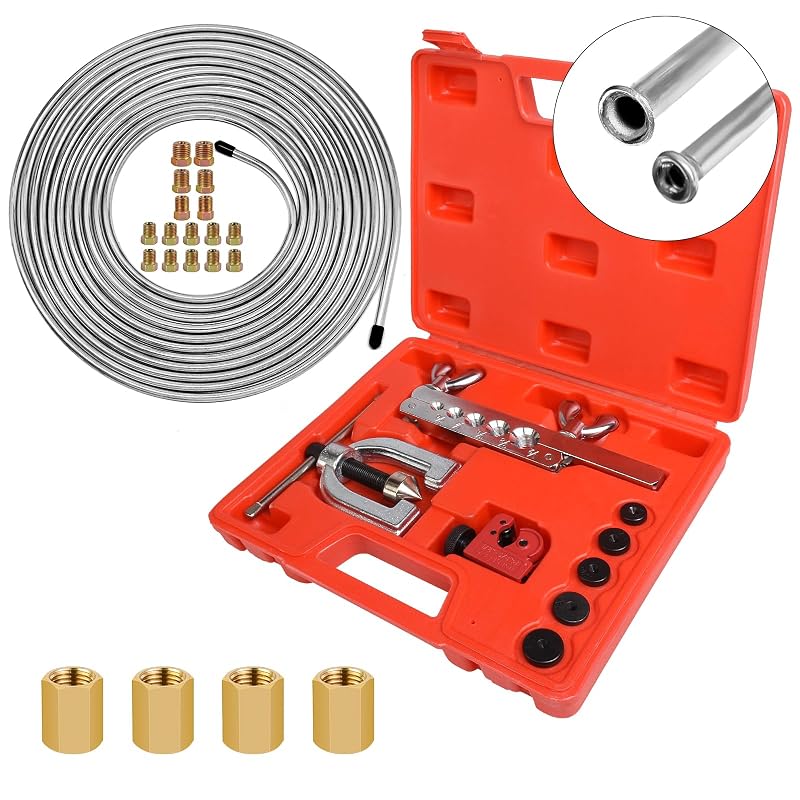Kit de ferramenta para flangeamento de freios MuHize com linha de freio de aço-liga zincado de 7,62 m, 3/16 pol. (4,76 mm), cortador e conexões