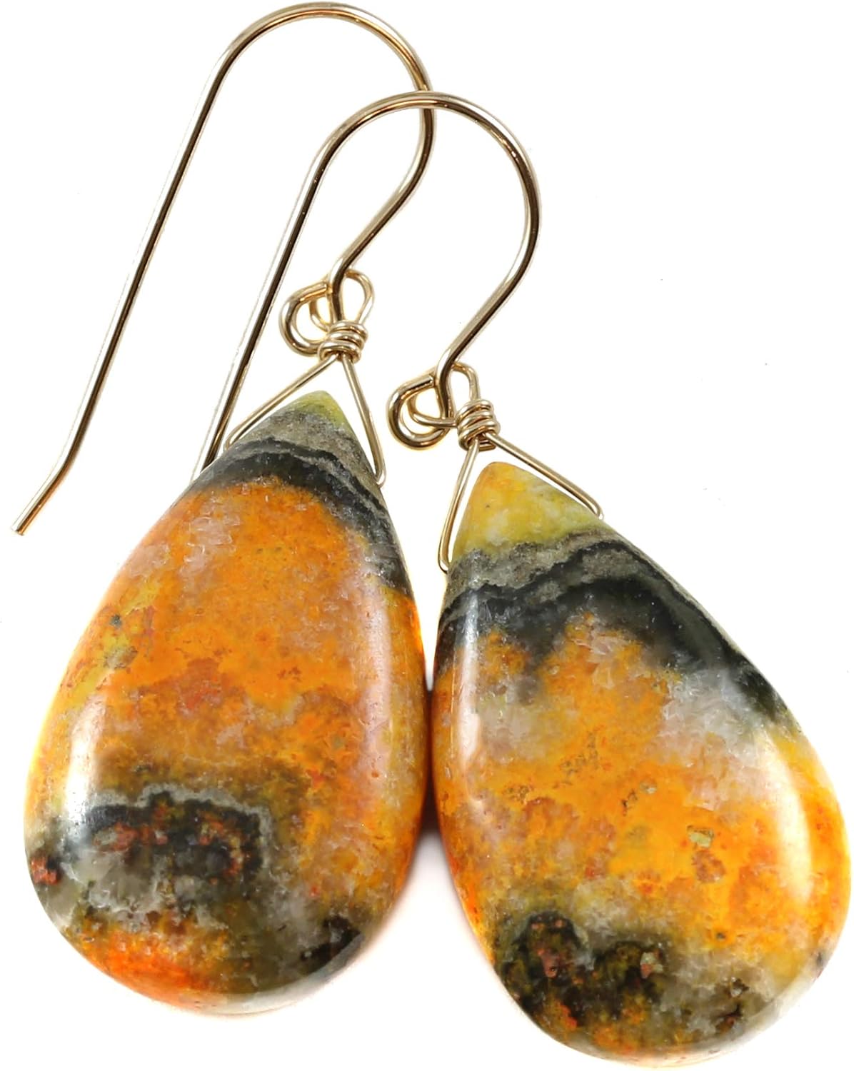 Bumble Bee Jasper Earrings Large Briolette Teardrops Smooth Puffed Yellow Orange Pear Cut