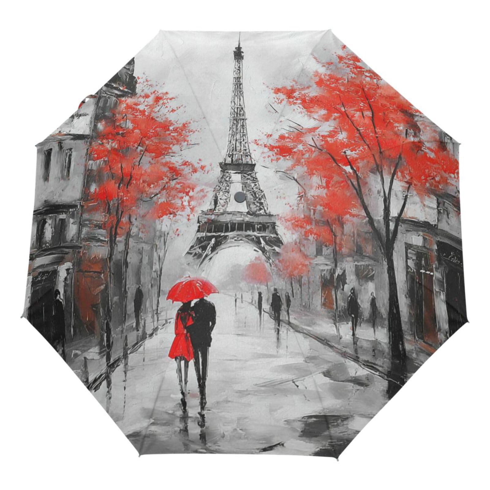 Vdsrup Paris Eiffel Tower Auto Umbrella Open Close Oil Painting Art Anti UV Umbrella Compact Windproof Parasol Umbrellas for Travel Car School Sun