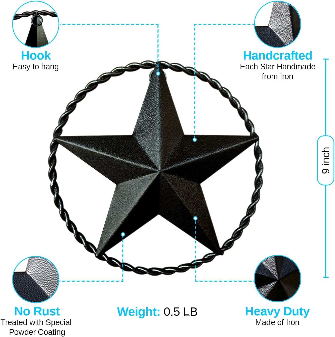 Dark Bronze Metal Wall Star Barn Star, Rustic Western Wall Art, 9" Twisted Rope