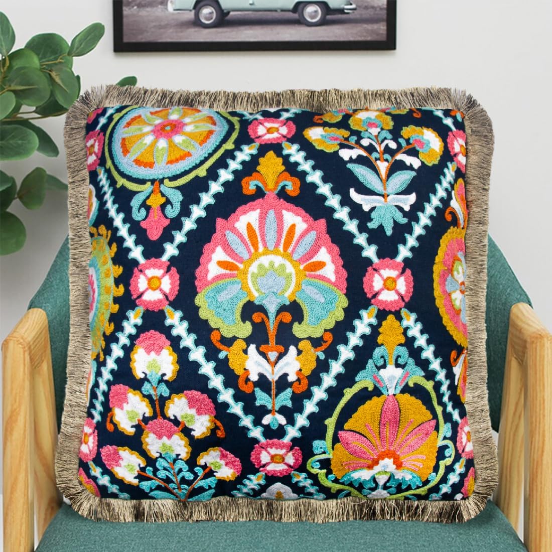 ELANE Embroidered Throw Pillow Covers - Floral 18x18 Inch for Couch, Car, Office, Living Room, Sofa, Bed - Tassel Colorful (2 Pack)