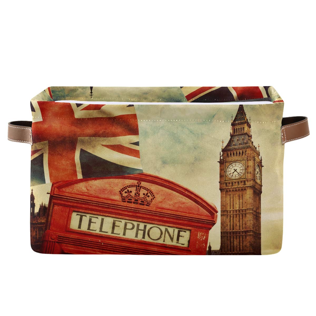 HMZXZ Rxyy London Big Ben Union Jack Canvas Fabric Storage Basket Collapsible Toys Storage Bin with PU Leather Handles Basket Box Organizer for Wardrobe Closet Shelves Organiser