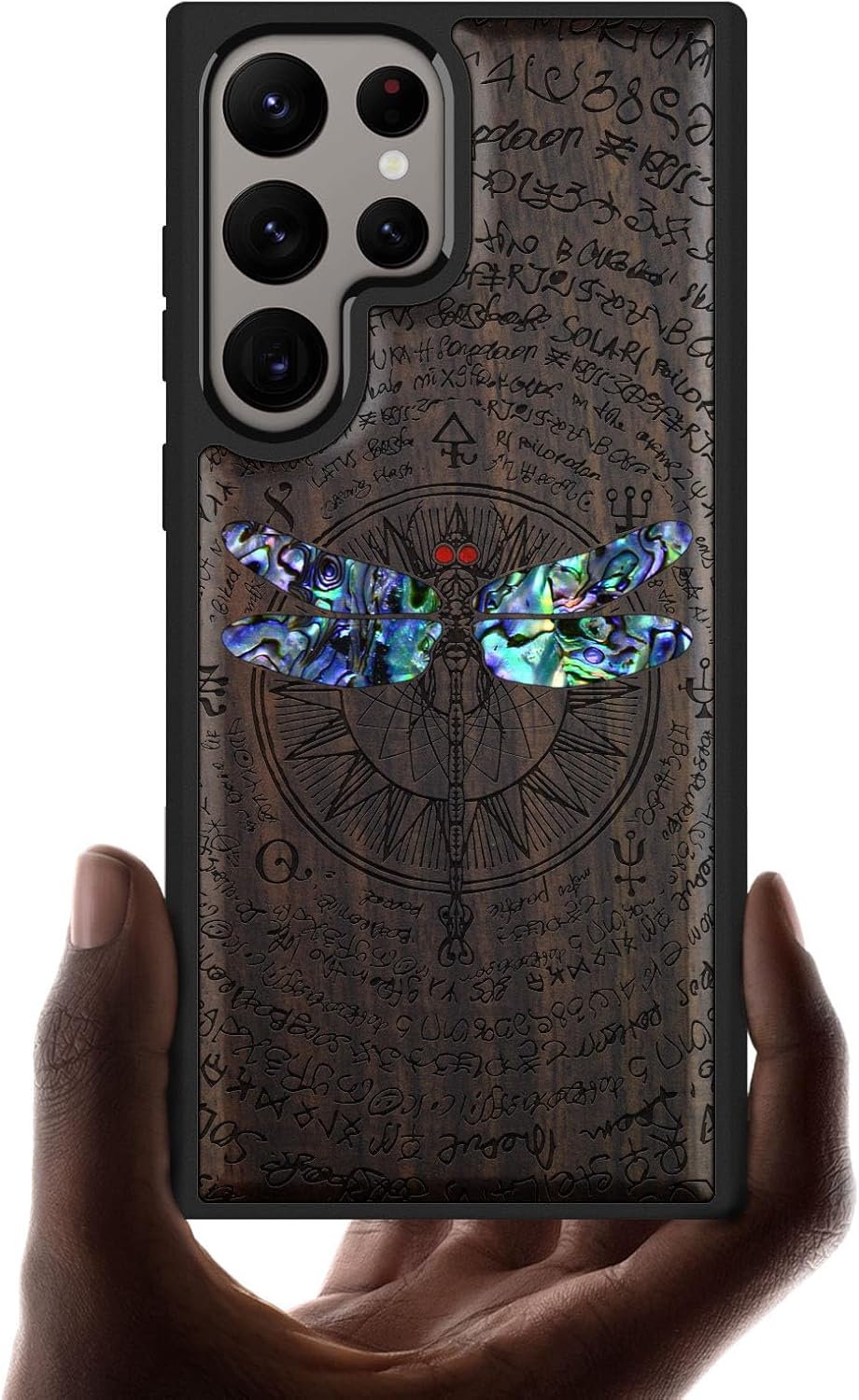 Carveit Designer Wooden Case for Samsung Galaxy S24 Ultra Case [Wood Engraving & Shell Inlay] Compatible with Wireless Chargers S24 Ultra Cover (Japanese Oni Mask-Rosy)