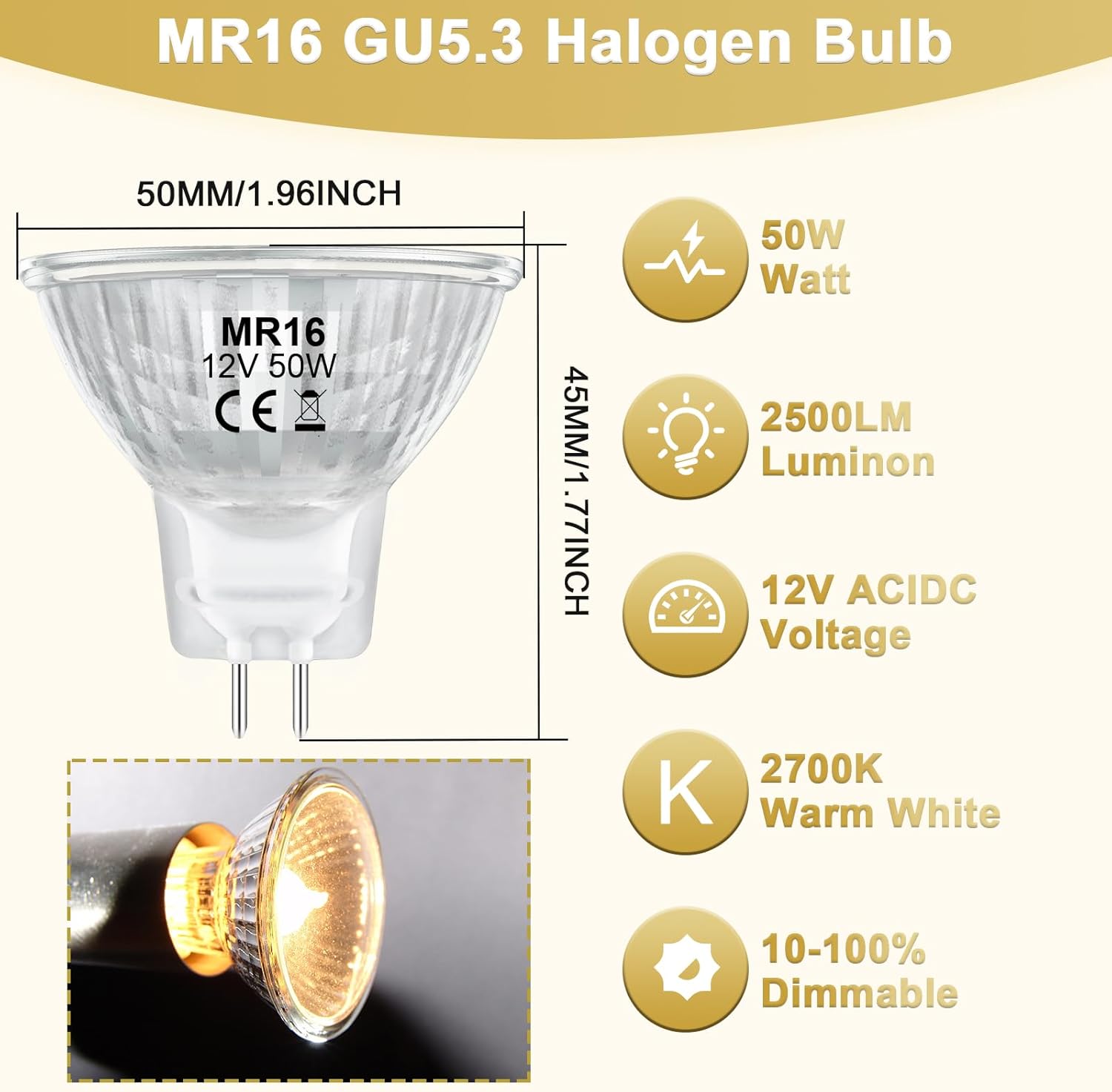 MR16 Halogen Bulb 50W 12V, High Output Halogen Light Bulbs 2 Pin GU5.3 Base with Clear Glass Cover for Landscape Lights, Track Lights, Fiber Optics, Desk Lamps, Dimmable, 2700K Warm White, 6 Pack