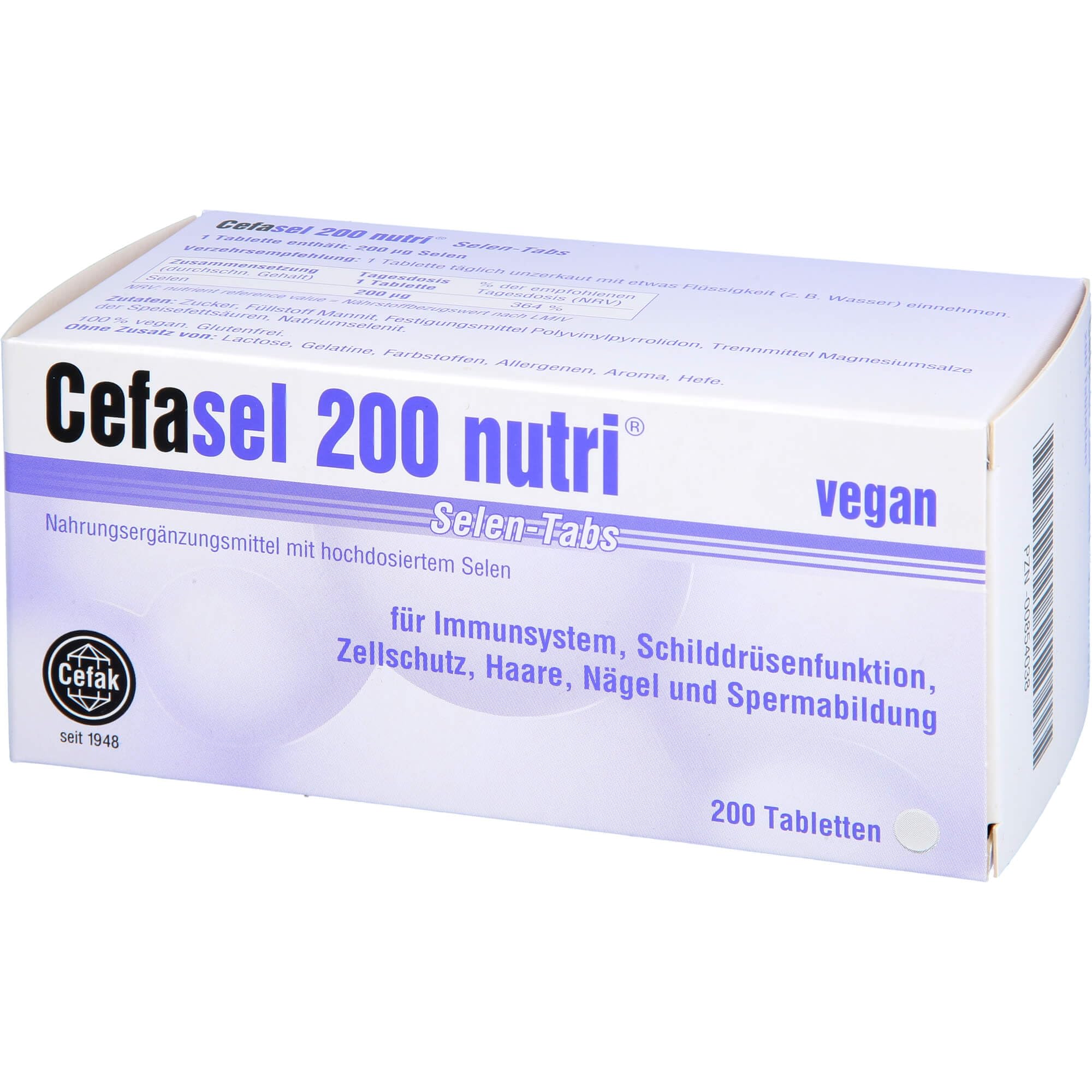 Cefasel 200 nutri Selen-Tabs Tabletten für Immunsystem, Schilddrüsenfunktion, Zellschutz, Haare, Nägel und Spermabildung, 200 St. Tabletten