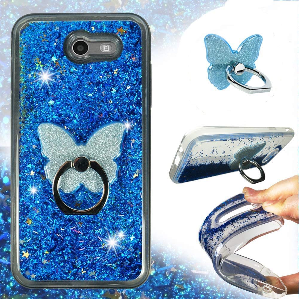 Zase J3 Prime, Galaxy J3 Luna Pro, J3 Eclipse, J3 Emerge, Amp Prime 2, Express Prime 2, Sol 2, J3 2017, J3 Mission Clear Case Liquid Glitter Bling w/Phone Ring (Blue Gold)