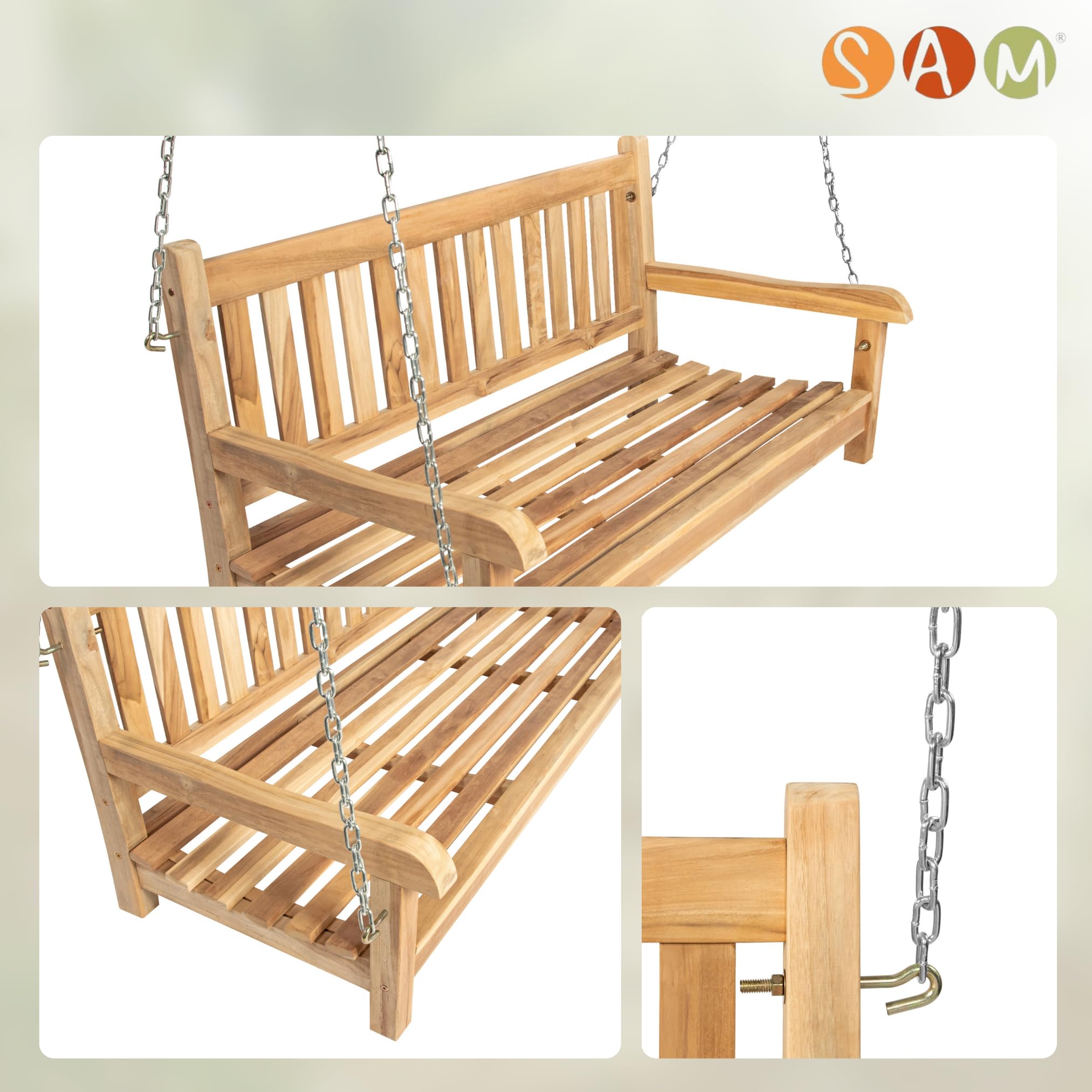 SAM 2-Sitzer Gartenschaukel Susana, hängende Bank 120 cm, Teakholz massiv, Schaukelbank für den Garten, pflegeleichtes Unikat
