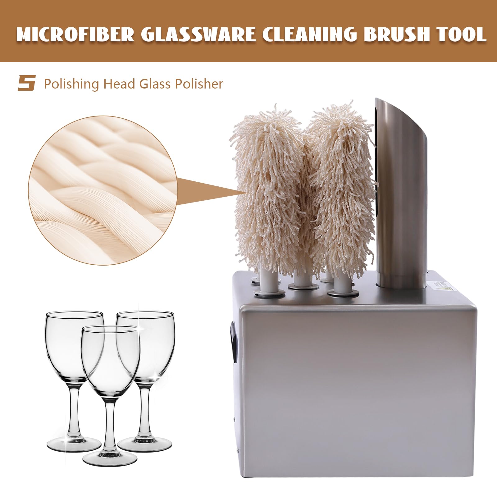 pijopang Wine Glass Polisher Machine, 2 in 1 Commercial Electric Automatic Dryer w/ 5 Brushes & Air Drying for Bar Restaurant Kitchen-330 Cups/Hour