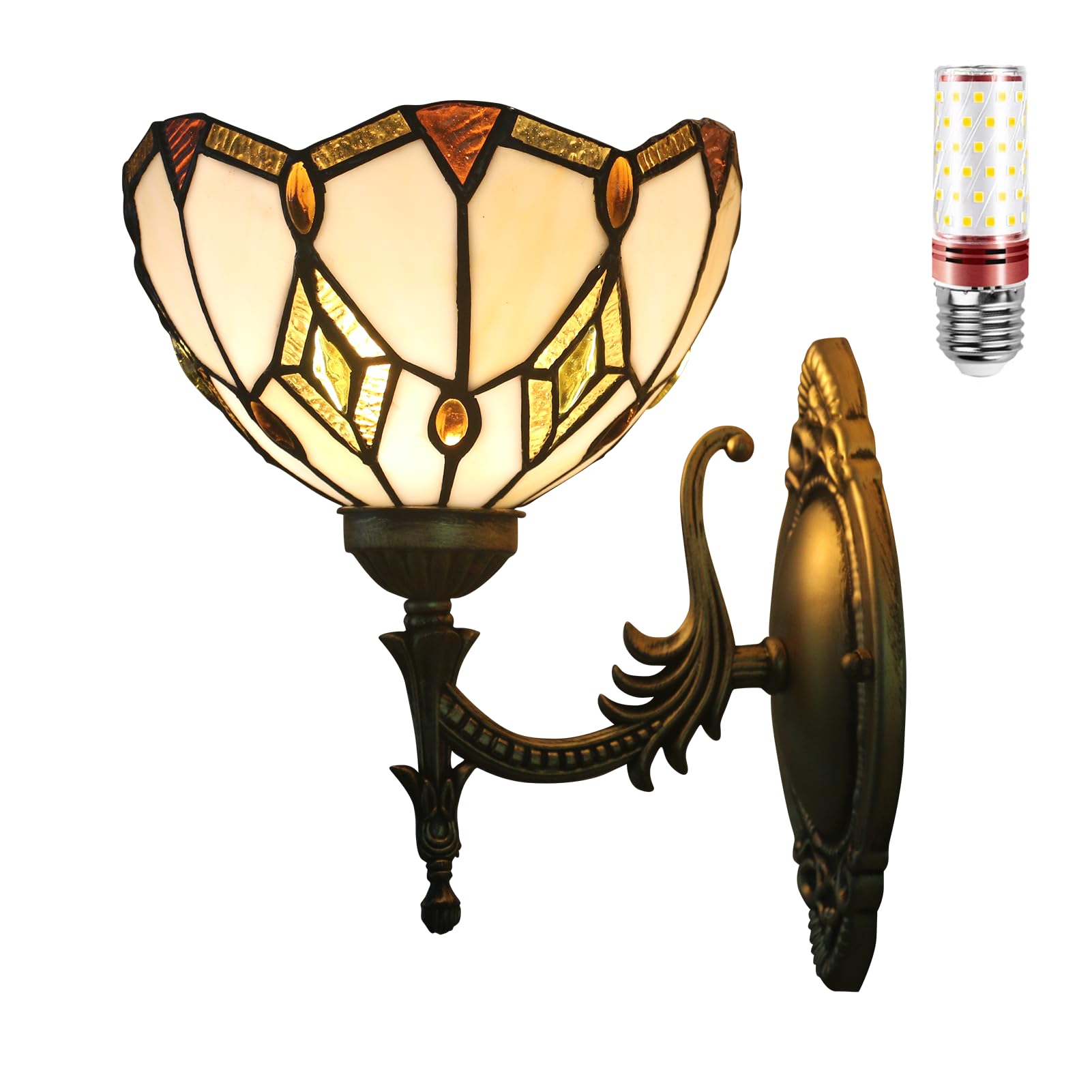 Aioneer Tiffany Stained Glass Wall Lamp With Light Bulb For Bedroom And Living Room-V