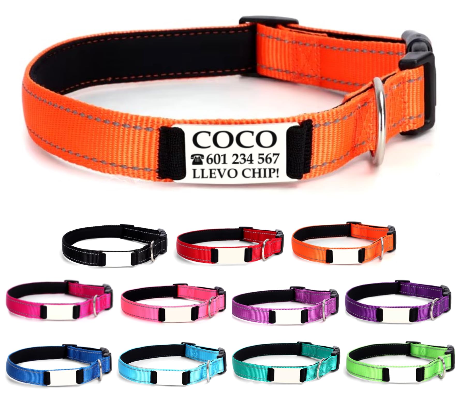 Collar Perro Personalizado con Nombre para Mascotas Medianas, Reflectante, Ajustable De 35 a 50 cm, Grabado Láser, Seguro y Cómodo (Naranja, M Mediano)