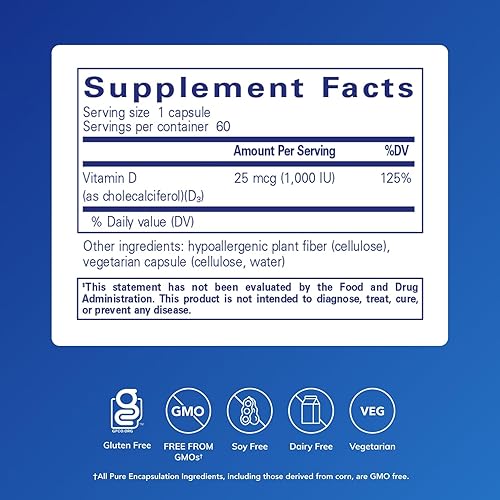Miniatura 2 de Pure Encapsulations Vitamina D3 25 mcg (1,000 UI) - Suplemento para apoyar la salud ósea, articulación, mama, corazón, colon e inmune - con vitamina