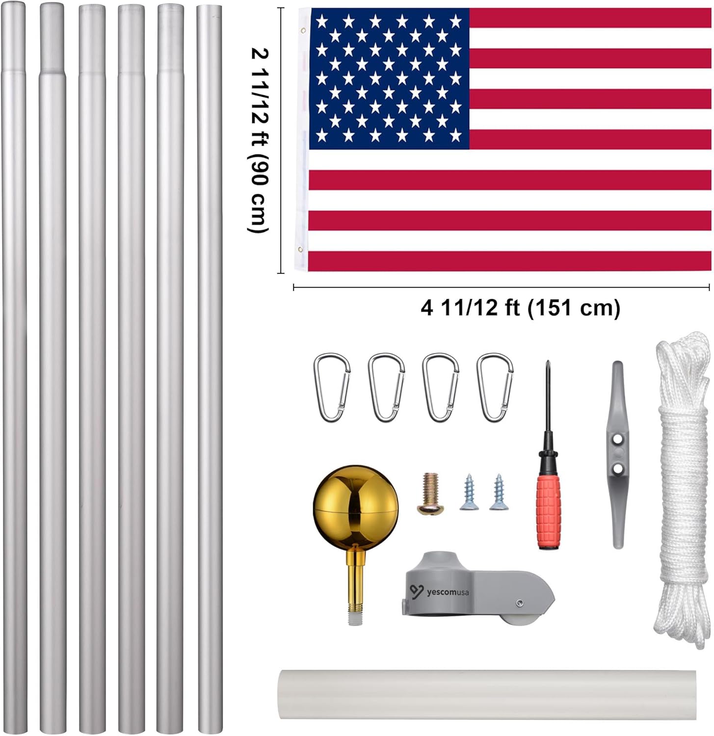 Yeshom 20ft Aluminum Sectional Flagpole Kit 5 Sectional Fly 2 Flags 3'x5' US American Flag Gold Ball Kit Outdoor Yard Garden