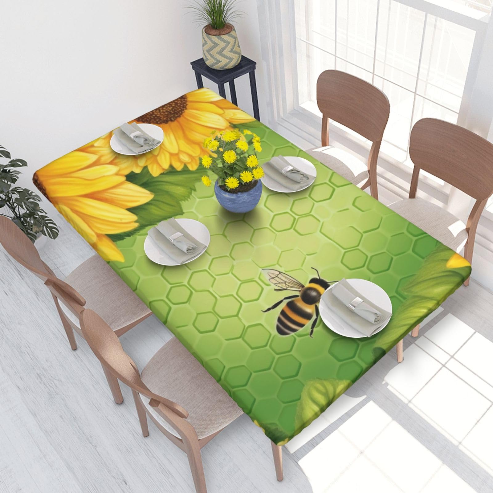 DCARSETCV Sunflowers & bee Printed 4FT Waterproof Tablecloth with Elastic Edged Protect & Decor Your Table, Oil-proof Washable Table Cloth Cover for Dinner Picnic Party