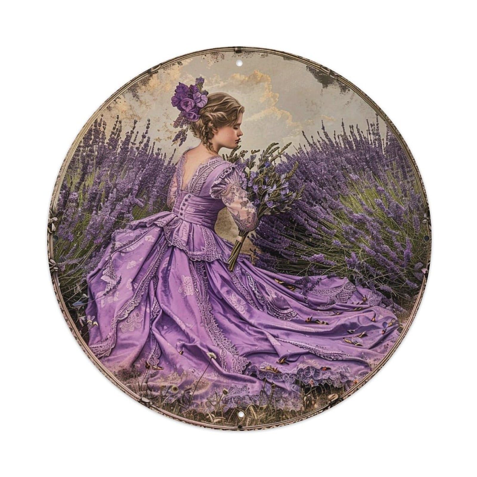 Lavender Field Lady Dress Vintage Round Tin Sign Retro Metal Wall Decor Metal Poster, Home Bar Garage Cafe Wall Art Decoration 8x8Inches